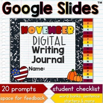 Preview of November Monthly Writing Prompts Journal Prompts Google Slides Thanksgiving