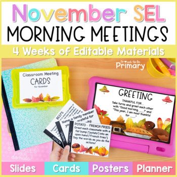 Preview of November Morning Meeting Slides - Activities, Question, Greetings - Thanksgiving