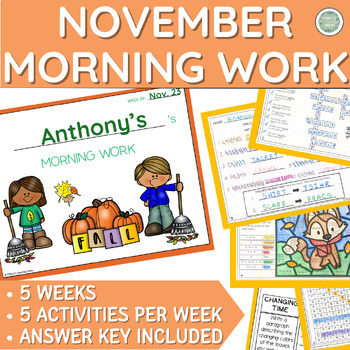 Preview of November Morning Work or Early Finishers - Print-&-Go - 5 Weeks - Grade 3 and 4
