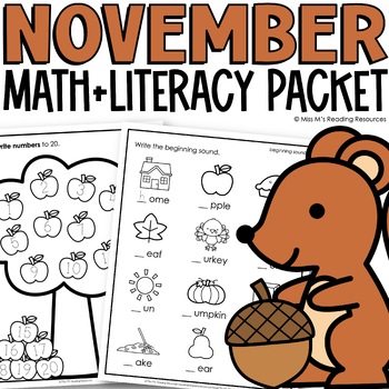 Preview of November Morning Work for Kindergarten Math and Literacy NO-PREP Packet