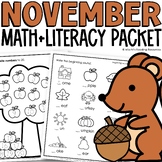 November Morning Work for Kindergarten Math and Literacy N