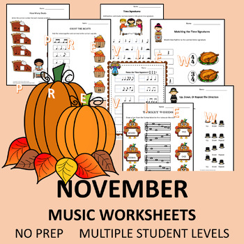 Preview of November Music Worksheets no prep for Thanksgiving