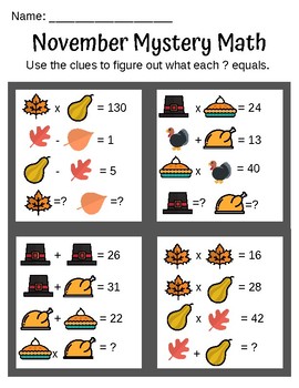 Preview of November Mystery Math Worksheet