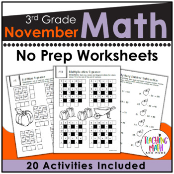 Preview of November Math Worksheets 3rd Grade