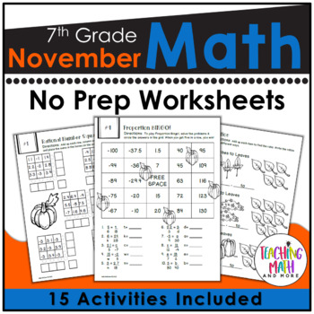 Preview of November Math Worksheets 7th Grade