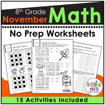 Preview of November Math Worksheets 8th Grade