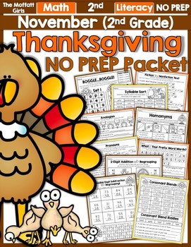 Preview of November NO PREP Math and Literacy (2nd Grade) | Fall