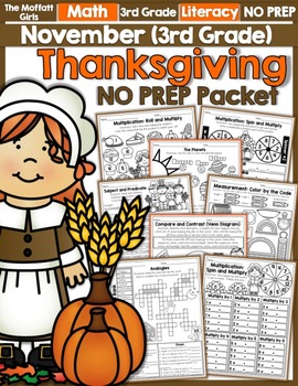 Preview of November NO PREP Math and Literacy (3rd Grade) | Fall