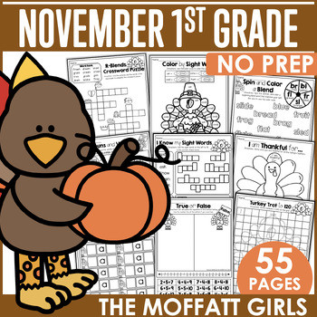 Preview of November NO PREP Math and Literacy Packet (1st Grade) | Fall