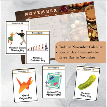 Preview of November National Days Flashcards and FREE Undated November Printable Calendar,