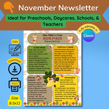 Preview of November Newsletter template, ideal for preschool, daycare, classroom, teachers