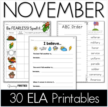 Preview of November No Prep ELA Printables for First Grade