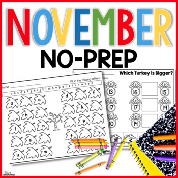 Preview of November No Prep Fall Math and Literacy Worksheets for Kindergarten