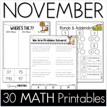 Preview of November No Prep Math Printables for First Grade