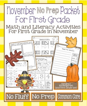 Preview of November No Prep Math and Literacy Packet for First Grade (Common Core)