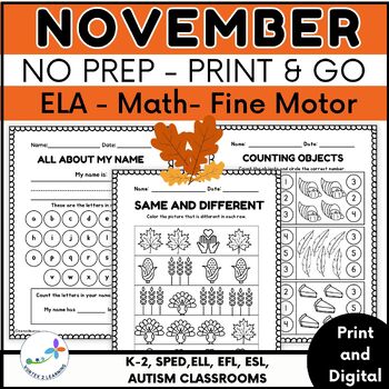 Preview of November No Prep Print and Go: Math, ELA Foundational and Fine Motor Skills