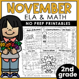 November No Prep Printable Worksheets- ELA & Math- Second Grade