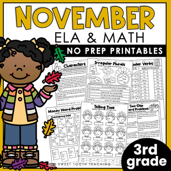 Preview of November No Prep Printables | 3rd Grade Fall Worksheets | Grammar,Reading & Math