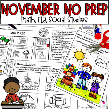 Preview of Thanksgiving Math and ELA Worksheets - November No Prep for 1st Grade