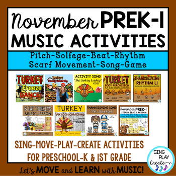 Preview of November Preschool, K-1 Music Lesson and Movement Activity Bundle