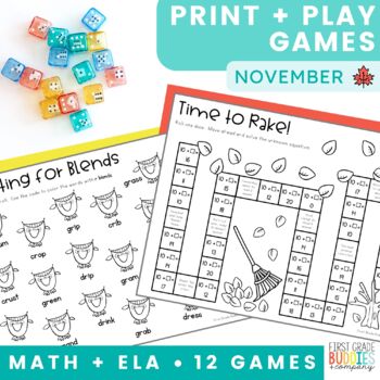Preview of November Print and Play No Prep Math and Word Work Games
