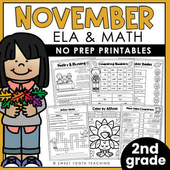Preview of November No Prep Pack | 2nd Grade Fall Worksheets | Grammar, Reading & Math