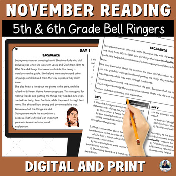 Preview of November Reading Bell Ringers for Middle School ELA/ESL for 5th and 6th Grade