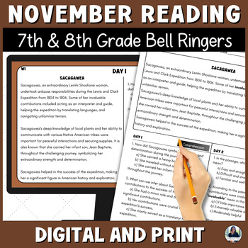 Preview of November Reading Bell Ringers for Middle School ELA/ESL for 7th and 8th Grade