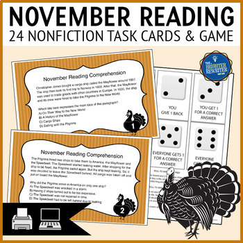 Preview of Thanksgiving Nonfiction Reading Comprehension Task Cards and Game