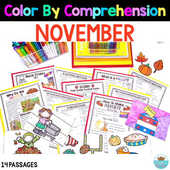 Preview of November Reading Comprehension Nonfiction Passages Color By Comprehension