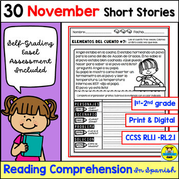Preview of November Reading Comprehension Passages In Spanish Print and Digital