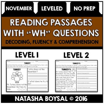 Preview of November Reading Comprehension Passages with "WH" Questions (Leveled)