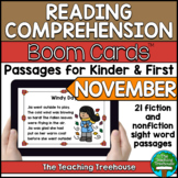 November Reading Comprehension for Kinder and First BOOM CARDS™