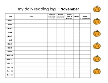 November Reading Log by SpEd Specialties | Teachers Pay Teachers