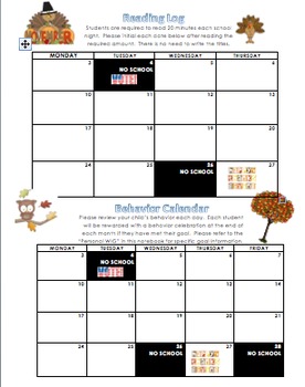 Preview of November Reading Log and Behavior Calendar