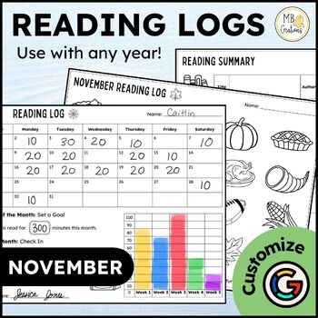 Preview of November Reading Logs - Editable Reading Log with Parent Signature and Summary