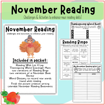 Preview of November Reading Packet: Reading Logs, Wish Lists, Challenges & Activities