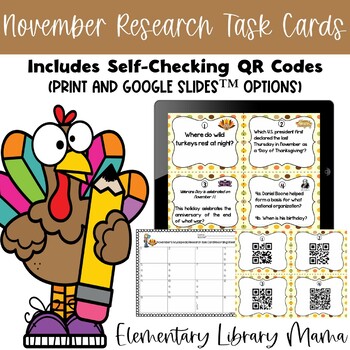 Preview of November Research Task Cards with Self-Checking QR Codes