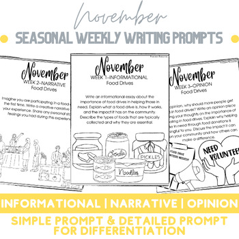 Preview of November Seasonal Weekly Writing Prompts | Food | Journal | Station | Center |