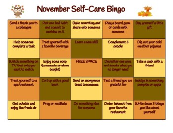 Preview of November Self-Care Bingo