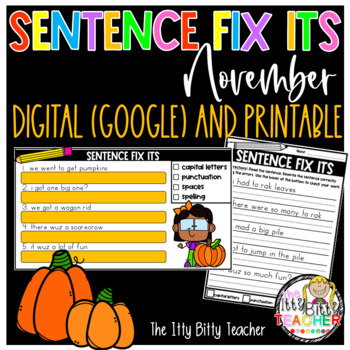 Preview of November Sentence Fix Its Digital Google Classroom and Printable 