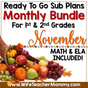 Preview of November Sub Plans 1st 2nd Grade Math & ELA Mini Bundle. Thanksgiving Activities