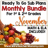 November Sub Plans 1st 2nd Grade Math & ELA Mini Bundle. T