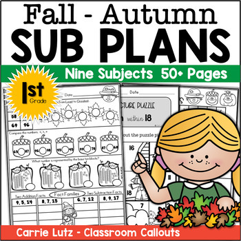 Preview of November Sub Plans First Grade Fall Emergency Substitute Plans