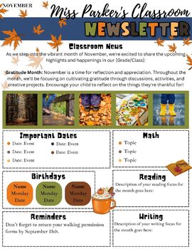 Preview of November Teacher Newsletter Template-Editable-Canva-PowerPoint