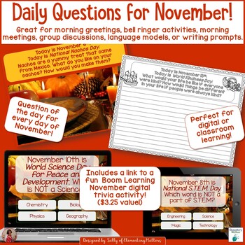 Preview of Morning Meeting Discussions and Daily Writing Prompts and Questions - November