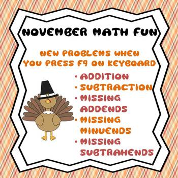 Preview of November Thanksgiving Addition & Subtraction Facts Worksheets or with Projector