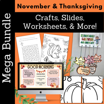Preview of November Thanksgiving Fall Crafts Coloring Google Slides Activities Bundle