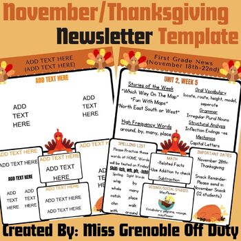 Preview of Editable Newsletter Template | November, Thanksgiving, Fall | For Parents
