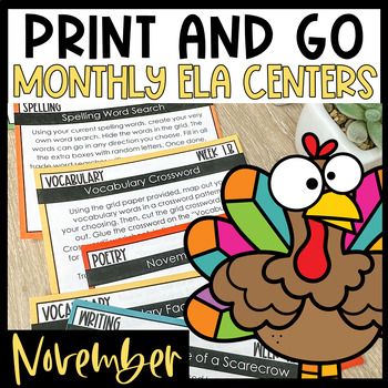 Preview of November & Thanksgiving Literacy Language Arts Centers for Grades 3-5 